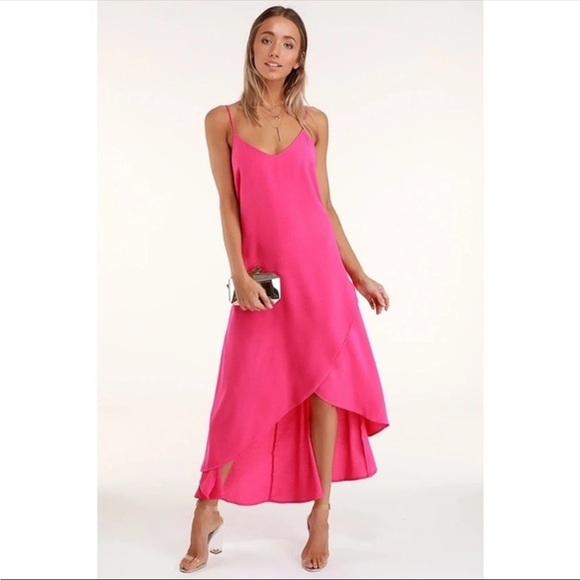 NWT Lulus Hot Pink Sweet Surprise Wrap High Low Dress. Medium. - Picture 2 of 10